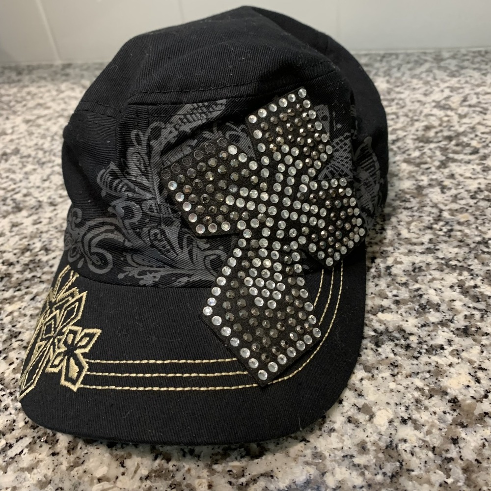 Y2K Ed Hardy Style Hat Black Rhinestone Cross Christian Womens Army Leader Loga